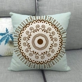 Close-up of light blue linen pillowcase featuring brown mandala pattern on a sofa - 18x18 Inch / Light Blue Mandala (15)