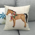 Funda de cojín de lino beige con caballo marrón y corona de flores en sofá gris - Estilo Caballo de Corona Festiva (2) / 1 Pieza