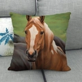 Linen cushion cover with brown horse oil painting portrait on light green background - Elegant Green Background Horse Portrait Style (5) / 1 Piece