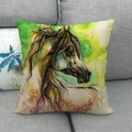 Macro shot of linen textured pillow cover with watercolor horse head artwork on sofa - Artistic Painted Horse Head Style (6) / 1 Piece