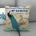 Housse de coussin en lin avec paon sur vélo vintage et typographie française - Vintage Français Paon (2)