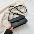 Minimalist black crocodile embossed square crossbody bag with gold hardware detail - Black
