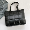 Black quilted puffer tote bag with large square stitching and nylon gloss finish - Black