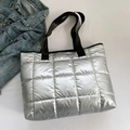 Silver quilted tote bag with metallic finish and black wide fabric shoulder straps - Silver