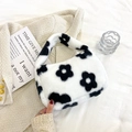 Cute faux fur tote bag featuring black and white floral pattern with soft plush texture - Flower-Black