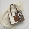 Fashion patchwork tote bag with cream, brown, and grey PU leather and silk scarf - Brown