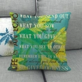 Detail of teal sunflower linen pillowcase with tropical leaves and inspirational text - Tropical Sunflower (2)