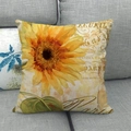 Close-up of linen pillowcase featuring sunflower print and vintage French script detail - French Vintage Sunflower (3)