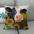 Federa per cuscino in lino con stampa mucca e girasole su un divano grigio - 45*45cm / Mucca e Girasole (6) / Multicolore