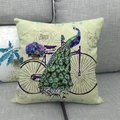 Housse de coussin en lin avec motif paon vintage et fleurs sur fond vert clair - Vert Clair Vintage Paon Bicyclette (4)
