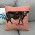 Detailed texture of linen cushion cover featuring oil painting cow on pink gradient - Pink Orange Gradient Standing Cow