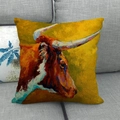 Macro detail of cow oil painting print on rustic linen texture decorative sofa pillow case - Yellow-orange Art Signed Longhorn