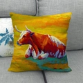 Detailed texture of linen throw pillow case featuring an oil painting cow pattern - Ginger Yellow Expressionist Bull