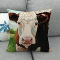 Detailed texture of linen throw pillow case featuring realistic cow oil painting design - Country Style Black White Brown Cow
