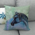 Artistic watercolor wild horse print on a durable linen textured square cushion cover - Indigo Art Horse Head Style (1)