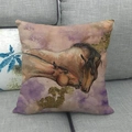 Artistic horse painting on linen pillowcase with watercolor background on gray sofa - Lavender Art Double Horses Style (3)