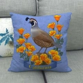 Detailed texture of linen pillowcase with California quail and poppy floral print - 18x18 Inch / California Quail