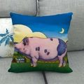 Linen square pillow cover with hand-drawn pink pig illustration on a grey sofa - 18x18 Inch / Pink Pig