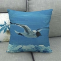 Linen decorative pillowcase featuring hand-drawn flying seagulls and ocean wave patterns - 18x18 Inch / Seagull Pattern