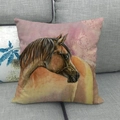 Artistic horse print linen throw pillow cover displayed on a gray textured sofa - Warm Orange Art Horse Head Style (2)