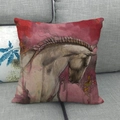 Künstlerischer Leinen-Kissenbezug mit Wildpferdmotiv auf rotem Aquarellhintergrund - Rot Aquarell Kunst Pferdekopf Stil (18)