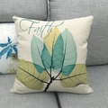 Close-up of linen pillow cover featuring green ink flower patterns and Faith text - Style 14-Fresh Leaves(Faith)