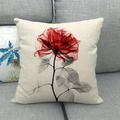 Detail of red and black ink floral print on a beige linen square decorative pillowcase - Style 18-Red and Black Art Flower