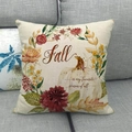 Detail of linen pillowcase featuring watercolor pumpkin, dahlia, and fall leaves prints - Fall is My Favorite Painted Pumpkin Style (3)
