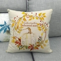 Detail of linen pillowcase with white pumpkin autumn wreath and Grateful Hearts text - Gather Together Grateful Theme Style (4)