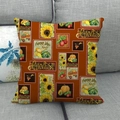 Detail of harvest pumpkin and sunflower print on rustic linen-style throw pillow cover - Harvest Vintage Pumpkin Cart Style (5) / 45x45cm