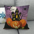 Detail of Halloween pumpkin pillow case with haunted castle print on linen fabric - Purple Moon Castle Jack-o'-lantern Style (10)