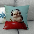 Detailed texture of oil painting bird and apple print on a square linen throw pillow case - Bird with Headphones and Apple (5)