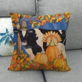 Detail of linen pillowcase featuring artistic harvest turkey and pumpkin illustrations - Cow Turkey Harvest Style (12)
