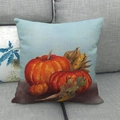 Macro detail of pumpkin and corn illustration on linen pillowcase against a sofa - Light Blue Background Pumpkin Corn Style (14)