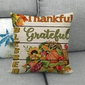 Detail of linen pillow cover with pumpkins, sunflowers and Thankful Grateful text - Thankful Grateful Harvest Fruits Style (11) / 45x45cm