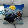 Close-up of linen pillowcase featuring artistic oil painting of a skiing bear under a moon - Skiing Bear and Moon (10)