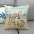 Linen cushion cover with beach chihuahua illustration on a grey sofa - Diving Chihuahua Style (1)