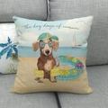 Linen pillowcase with cartoon dachshund and dog days of summer beach design on gray sofa - Vacation Dachshund Style (2)