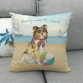 Detail of linen pillow cover with watercolor dog on beach and text beauty and the beach - Fashion Sheepdog Style (4)