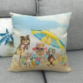 Detailed close-up of summer beach dog illustrations on high-quality linen cushion cover - Dog Group Family Style (5)