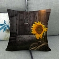 Federa per cuscino in lino con stampa girasole su sfondo venatura legno scuro - 45*45cm / Venatura del Legno e Girasole (13) / Multicolore