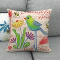 Detailed close-up of a square linen cushion cover featuring bird and floral illustrations - Emerald Green Bird Quote Style (6) / 18x18 Inch