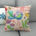 Close-up of bird and flower print on textured linen fabric of a square cushion cover - Blue-Green Bird Sunflower Style (7) / 18x18 Inch