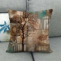 Square linen pillow cover with abstract autumn tree pattern on grey sofa - 18x18 Inch / Abstract Autumn Tree Style (9)