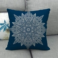 Navy blue linen pillow with white mandala floral pattern on a gray sofa - 18x18 Inch / Navy White Mandala (19)