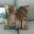 Close-up of the vintage linen cushion cover featuring artistic brown tree and teal ink splashes - 18x18 Inch / Vintage Ink Tree Style (10)