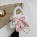 Bolso pequeño de felpa blanca con lazo de satén rosa y elegante correa de perlas - Blanco