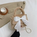Bolso chic de felpa marrón claro con lazo de seda blanca y cadena de perlas para mujer - Marrón