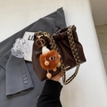 Dark brown pleated bucket bag with gold chain strap and cute orange monster charm - With Pendant / Coffee
