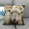 Detailed close-up of a rustic linen pillowcase featuring a realistic sheep and wood print - Realistic Sheep Portrait Style (6)